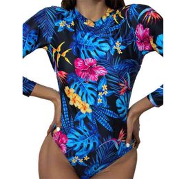 Printed Long Sleeve Swimsuit Women Surfing Swimsuits Backless Swimwear Female Bather Bathing Suits Beach Wear 210521