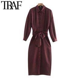 TRAF Women Chic Fashion With Belt Pleated Midi Shirt Dress Vintage Long Sleeve Button-up Female Dresses Vestidos Mujer 210415