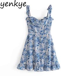 Vintage Tropical Rainforest Print Sling Sexy Dress Women Hem Ruffle Sleeveless A-line Chiffon Holiday Summer Beach e' 210514