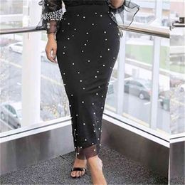 Women Black Pencil Skirts Long High Waist Slim Mesh Beading Modest Classy Female Package Hip Jupes Falad Office Elegant Fashion 210619