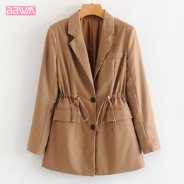 Solid Color Waist Lapels Drawstring Long Sleeve Female Coat Autumn Simple Professional Office Women's Jacket Champagne Top 210507