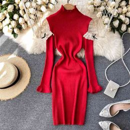Lady Stand Neck Knitted Sweater Dress Women Fashion Autumn Winter Lace Side Long Sleeve Slim Solid Colour Vestidos Q649 210527