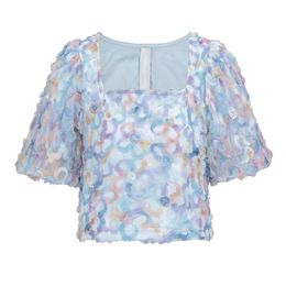 Women Blue Pink 3D Floral Top Slash Neck Short Sleeve Spring Summer Puff Blouse B0648 210514