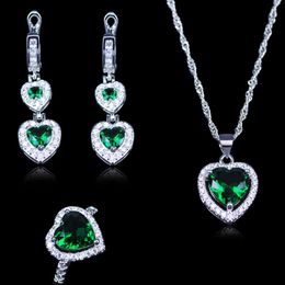 Russian Trendy Style Green Created Emerald Silver Colour Jewellery Sets For Women Best Present Earrings Pendant Rings Set H1022
