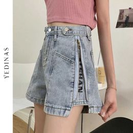 Yedinas High Waist Wide Leg Denim Shorts For Women Summer Jean Korean Style Zipper Decoration Loose Short Bottom Chic 210527