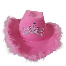 Western Cute Pink Cowgirl Hat For Women Sequins Crown Feather Edge Letter Shaped Cap Holiday Party Wide Brim Hats