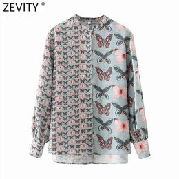 Women Vintage Stand Collar Butterfly Floral Patchwork Print Blouse Female Lantern Sleeve Shirts Chic Chemise Tops LS9132 210416