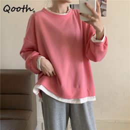Qooth Oversized Pullover O-Neck Sweatshirt Fake Two-piece Loose All Match Long-sleeved Sweatshirt Women's Spring Tops QT625 210518