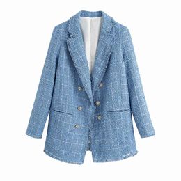 Tweed Women Elegant Blue Blazers Fashion Ladies Vintage Loose Blazer Jackets Casual Female Streetwear Suits 210521