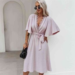 Vintage Boho Solid Dress with belt Women summer sexy v neck midi long Female lace Beach dress vestido women clothing 210508