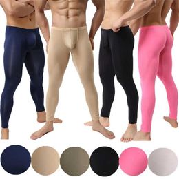 Ultra-thin Men Leggings Fitness Ice Silk Long Johns Pants Sexy Underwear Penis Pouch Mens Tights Compression Leggings Sleepwear 211108