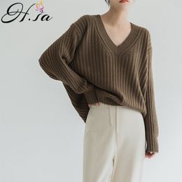 H.SA Winter Korean Style and Pullovers V neck Striped Knit Jumpers Chic Streetwear Oversized Sweater Elegant Tops 210417