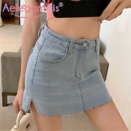 Aelegantmis Denim Shorts Women Button Fly Sexy Casual Jeans Pockets Wide Leg Pants Korean Fashion 210607