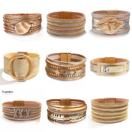 Flashbuy Bohemia Gold Color Leather Bangle Bracelets for Women Fashion Alloy Rhinestone Bangles Couple Jewelry Accessories Q0719