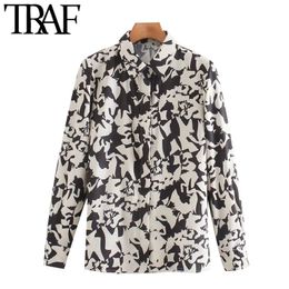 TRAF Women Fashion Printed Loose Blouses Vintage Long Sleeve Button-up Female Shirts Blusas Chic Tops 210415