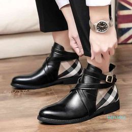 Men shoes Pu Leather Boots Buckle Design Plaid Ankle High Fashion Casual Top Quality Low Heel
