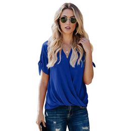 Solid Colour Loose Folds V Neck Short Sleeve Tops Women Casual Office Shirt Female Streetwear Plus Size Ladies Blouse 210608