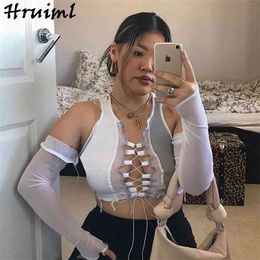 Shirts Women Mesh Patchwork Knitted Criss-Cross Bandage V Neck T For Hollow Out Sexy See Through T-Shirt 210513