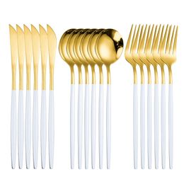 Stainless Steel Cutlery Set Gold Tableware Dinner Sets Spoon Fork Knife Dish Set Kitchen Dinnerware White Gold Steel Cutlery Set 211012