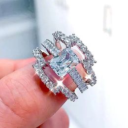 Cluster Rings 3pcs 2022 Luxury Rectangle Silver Colour Bride Wedding Ring Set For Women Anniversary Gift Jewellery Wholesale R6642
