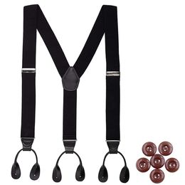 Vintage Suspenders for Men 35cm Width Button End Black Leather Trimmed Y Back Adjustable Elastic Trouser Braces Strap Belt