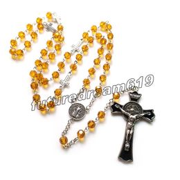 Enamel Vintage Cross Rosary Necklace Champagne Crystal Beads Strand Pendant Necklace For Men Women Religious Jewellery