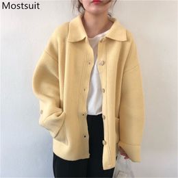 Autumn Korean Fashion Women Cardigans Sweaters Long Sleeve Turn-down Collar Single-breasted Pockets Elegant Ladies Top Coat 210513