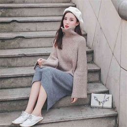 Net Red Sweater Skirt Two-piece Suit Winter Turtleneck Thick Wool Women's Lazy Wind Loose Autumn 210427