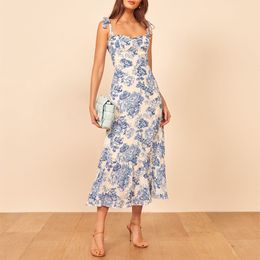 Summer Dresses Women 2020 Vintage Blue White Floral Print Dress Woman Sexy Spaghetti Strap Tie Chiffon Elegant Ruffle Midi Dress X0521