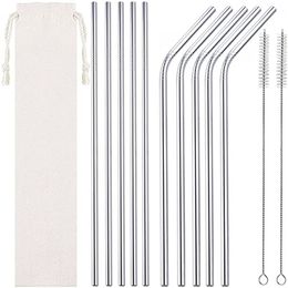 6*266mm Colorful Stainless Steel Straws Reusable Straight and Bent Drinking Straw Cleaning Brush for Kitchen Bar