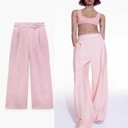 ZA Pink High Waist Wide Legs Pants Women Front Pleats Wrap Summer Trouser Fashion Pockets Elegant Woman Loose Pants 210602