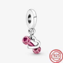 Other 100% 925 Sterling Silver Pink Dumbbell & Heart Dangle Charm Fit 3mm Bracelet S925 DIY Jewellery Gift Girl