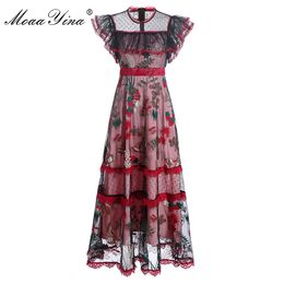 Fashion Designer Female dress Summer Women's Dress Butterfly Sleeve Mesh Embroidery Dresses 210524