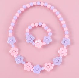 Toddler Play Jewelry Beaded Necklace Bracelet Exchange Gifts for Little Girls Dress up Pretend Princess Flower Accessories Pink Blue