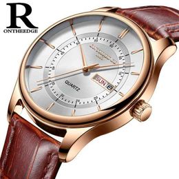 High Quality Rose Gold Dial Watch Men Leather Waterproof 30M Watches Business Fashion Japan Quartz Movement Auto Date Male Clock 210804