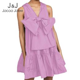 Jocoo Jolee Women Summer Bow Sleeveless Patchwork Sexy Solid Beach Style V-Neck Kawaii Sweet Mini Dress Pleated Ball Gown 210518