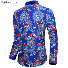 Floral Printed Mens Shirt Casual Slim Fit Men Dress Shirts Party Prom Social Men Long Sleeve Shirt Button Up Chemise Homme 210524