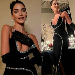 Sexy Black Sheat Prom Dresses Spaghetti Strap Knee Length Cocktail Party Gowns Crystal Side Split Bodycon Evening Vestidos