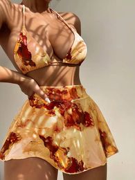 3pack Marble Print Halter Micro Triangle Bikini Swimsuit & Beach Skirt c03Y#