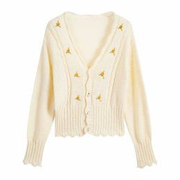 PERHAPS U Women Sweater V Neck Long Sleeve Casual Beige Floral Embroidery Cardigan M0310 210529