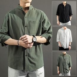 Linen Shirt Men Autumn Half Sleeve Shirt for Men Chinese Style Slim Stand Collar Camisas Pocket Casual Oversized Streetwear 210524