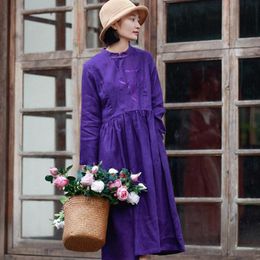 Johnature Women Dress Vintage Spring Embroidery Women Clothes Purple Loose Stand Collar Linen Leisure Ladies Dresses 210521