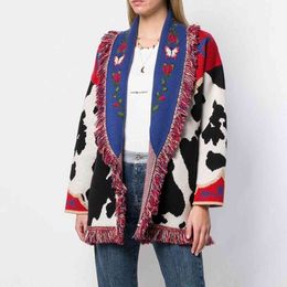 Jastie Vintage Multi Coloured Oversize Cardigan Women Shawl Lapel Long Sleeve Cardigans Sweaters Embroidered Knitwear Outerwear 210419