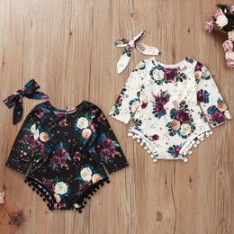 Summer Baby Girls Clothes Sets Fashion Girl Outfits 2pcs Rose-Printed Headscarf Round Collar Long Sleeves Small Ball Child Crawling Suit Kids Clothing