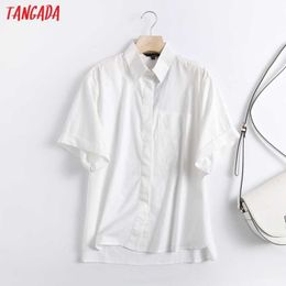 Tangada Women White Oversized Cotton Classic Shirt Short Sleeve Chic Female Casual Tops Blusas 6D16 210609