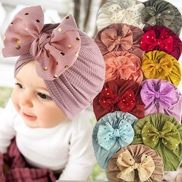 18*17 CM Solid Colour Striped Knitting Cotton Newborn Hats Cute Golden Dots Bowknot Baby Girls Caps Infant Headwear Birthday Gift