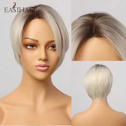 Short Brown to Blonde Ombre Hairline Part Lace Wigs for Women Synthetic Hair Wig Wigs Natural Heat Resistant Wigsfactory direct