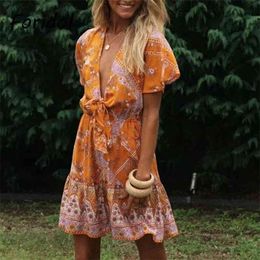 Foridol Paisley Print Orange Summer Dress Women V Neck Bowknot Floral Print Boho Summer Batwing Sleeve Beach Short Dress 210415