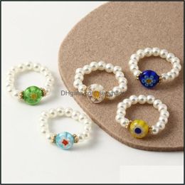 Wedding Rings Jewelry Personalized Adjustable Beaded Pearl Ring Colorf Glass Bead Flower Aessories For Female Gifts 5 Pieces Drop Delivery 2