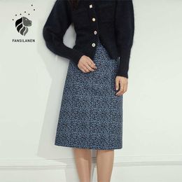 FANSILANEN Leopard print elegant blue midi skirt Women autumn winter high waist a-line Female office lady vintage 210607